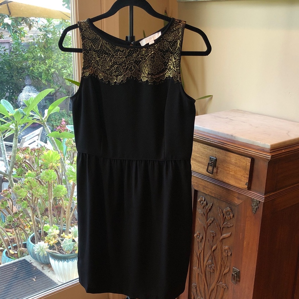 Ann Taylor Loft Black Sleeveless Dress with Gold Lace Yoke